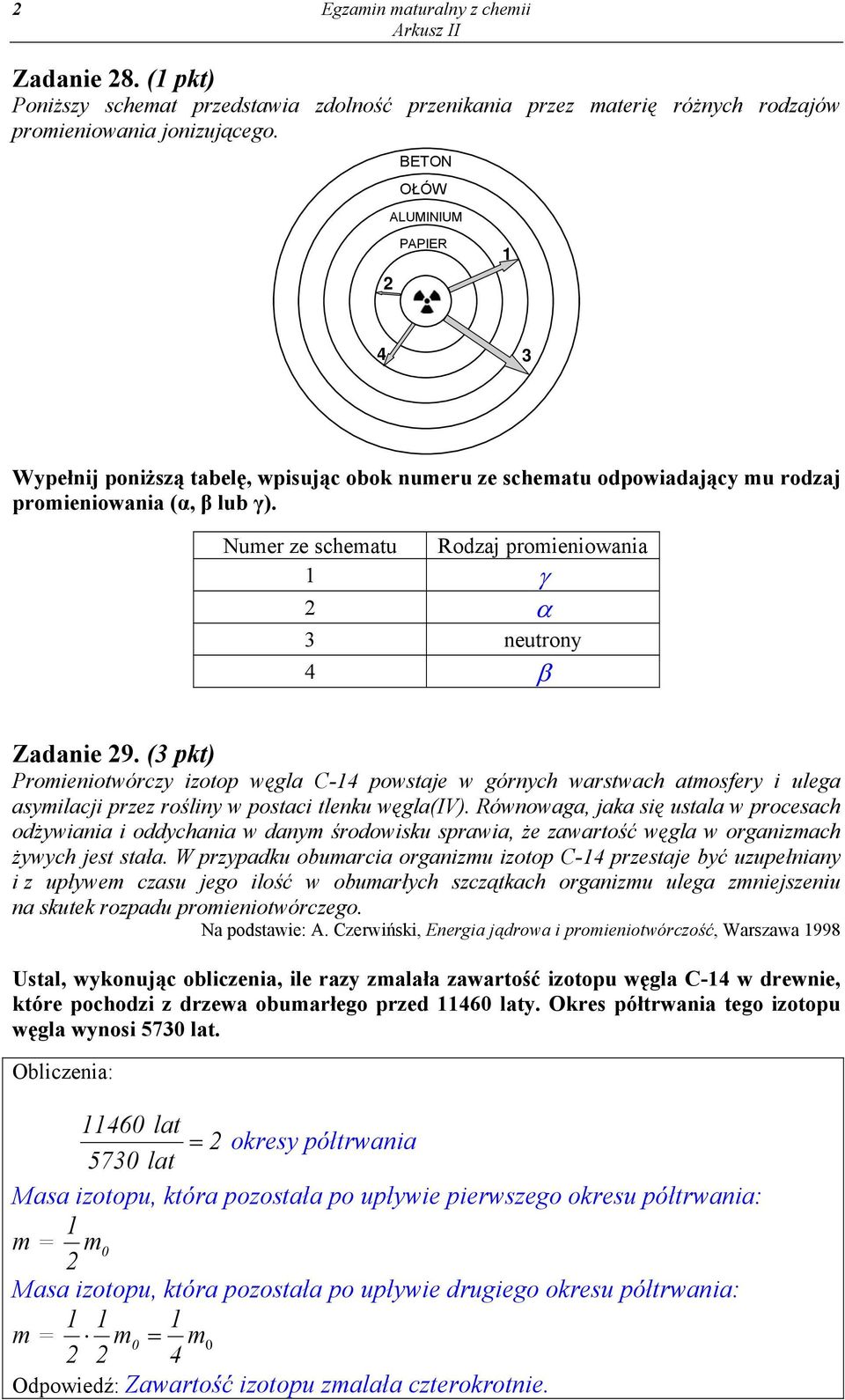 Numer ze schematu Rodzaj promieniowania 1 γ 2 α 3 neutrony 4 β Zadanie 29.