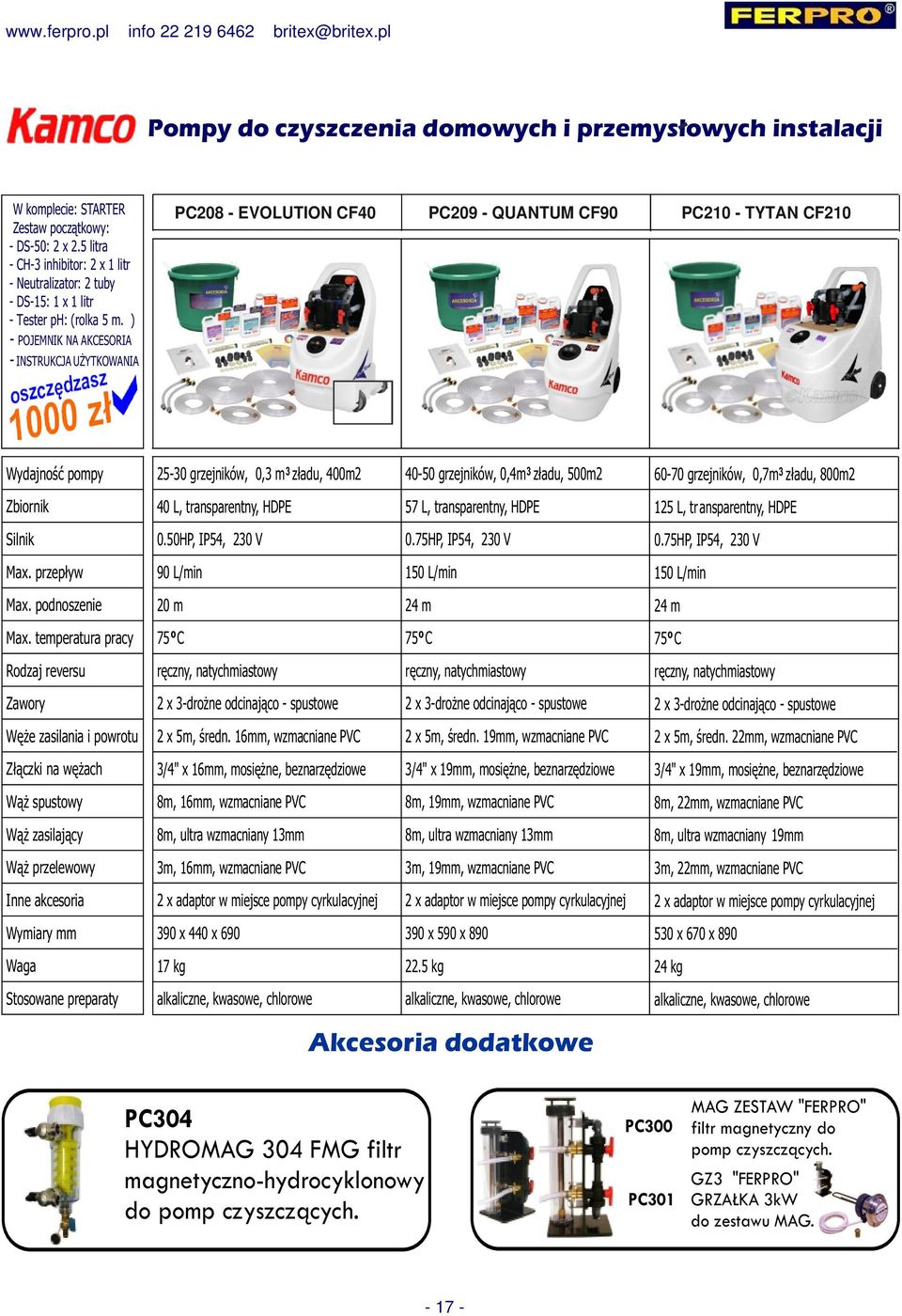 ) PC208 - EVOLUTION CF40 PC210 - TYTAN CF210 PC209 - QUANTUM CF90 - POJEMNIK NA AKCESORIA - INSTRUKCJA UŻYTKOWANIA Wydajność pompy 25-30 grzejników, 0,3 m 3 zładu, 400m2 40-50 grzejników, 0,4m3