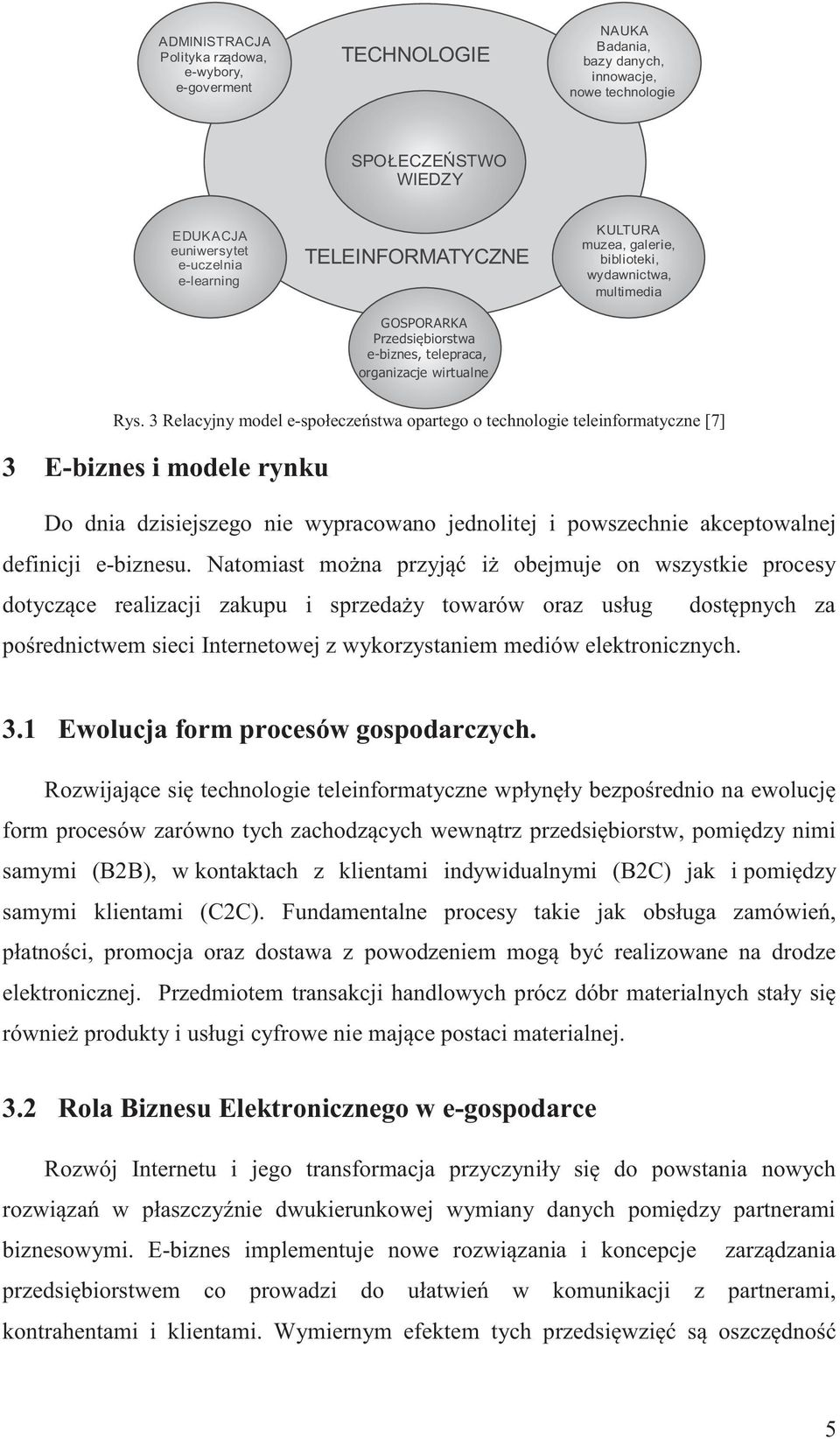 3 Relacyjny model e-społeczeństwa opartego o technologie teleinformatyczne [7] 3 E-biznes i modele rynku Do dnia dzisiejszego nie wypracowano jednolitej i powszechnie akceptowalnej definicji