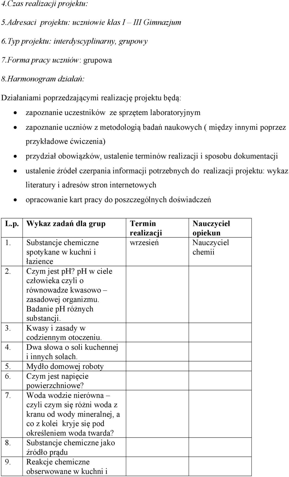 przykładowe ćwiczenia) przydział obowiązków, ustalenie terminów realizacji i sposobu dokumentacji ustalenie źródeł czerpania informacji potrzebnych do realizacji projektu: wykaz literatury i adresów