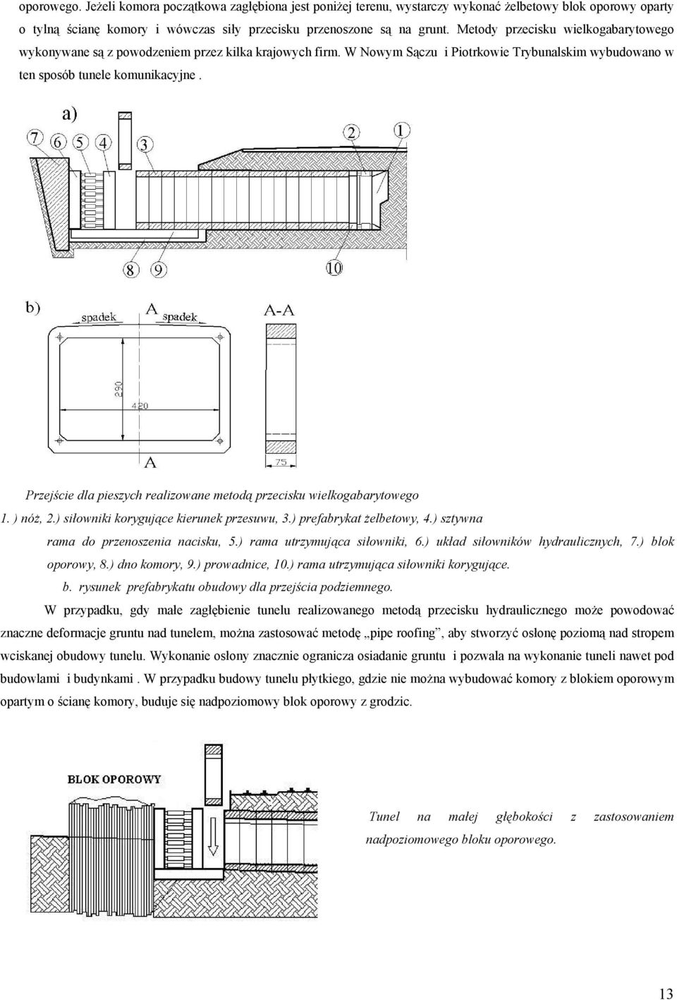 Przejście dla pieszych realizowane metodą przecisku wielkogabarytowego 1. ) nóŝ, 2.) siłowniki korygujące kierunek przesuwu, 3.) prefabrykat Ŝelbetowy, 4.) sztywna rama do przenoszenia nacisku, 5.