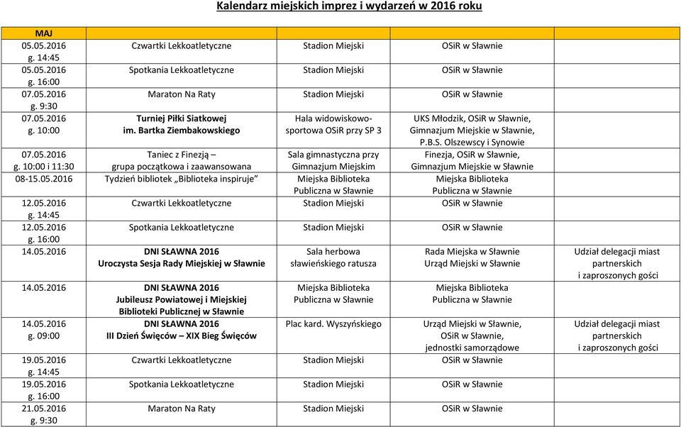 05.2016 Spotkania Lekkoatletyczne Stadion Miejski g. 16:00 14.05.2016 DNI SŁAWNA 2016 Sala herbowa Rada Miejska w Sławnie Uroczysta Sesja Rady Miejskiej w Sławnie sławieńskiego ratusza Urząd Miejski w Sławnie 14.