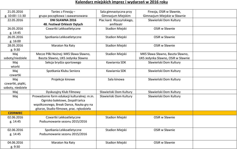 2016 Maraton Na Raty Stadion Miejski Maj soboty/niedziele Mecze Piłki Nożnej: MKS Sława Sławno, Baszta Sławno, UKS Jedynka Sławno Stadion Miejski MKS Sława Sławno, Baszta Sławno, UKS Jedynka Sławno,