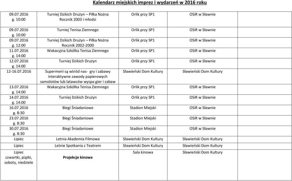 07.2016 Wakacyjna Szkółka Tenisa Ziemnego Orlik przy SP1 14.07.2016 Turniej Dzikich Drużyn Orlik przy SP1 16.07.2016 Biegi Śniadaniowe Stadion Miejski g. 8:30 23.07.2016 Biegi Śniadaniowe Stadion Miejski g. 8:30 30.