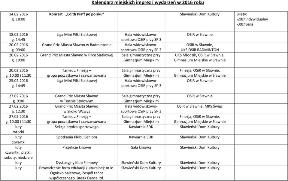 02.2016 i 11:30 Finezja,, luty Sekcja brydża sportowego Kawiarnia SDK wtorki luty Spotkania Klubu Seniora Kawiarnia SDK czwartki luty Projekcje kinowe Sala kinowa czwartki, piątki, soboty, niedziele