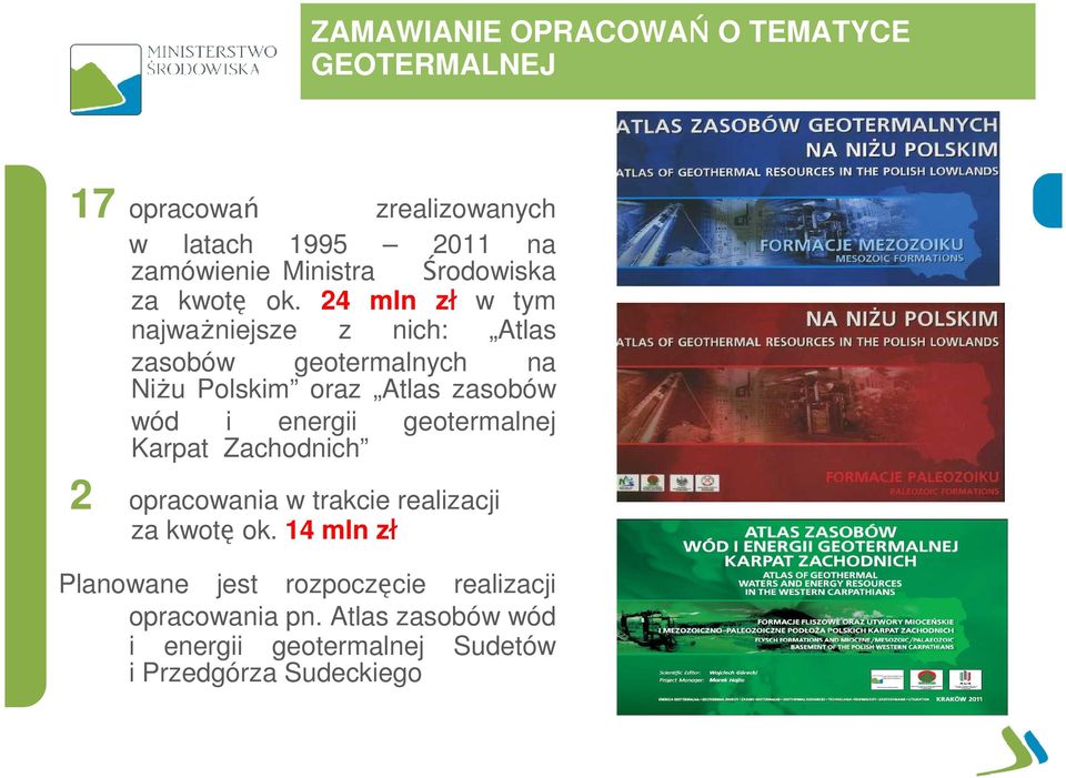 24 mln zł w tym najwaŝniejsze z nich: Atlas zasobów geotermalnych na NiŜu Polskim oraz Atlas zasobów wód i energii