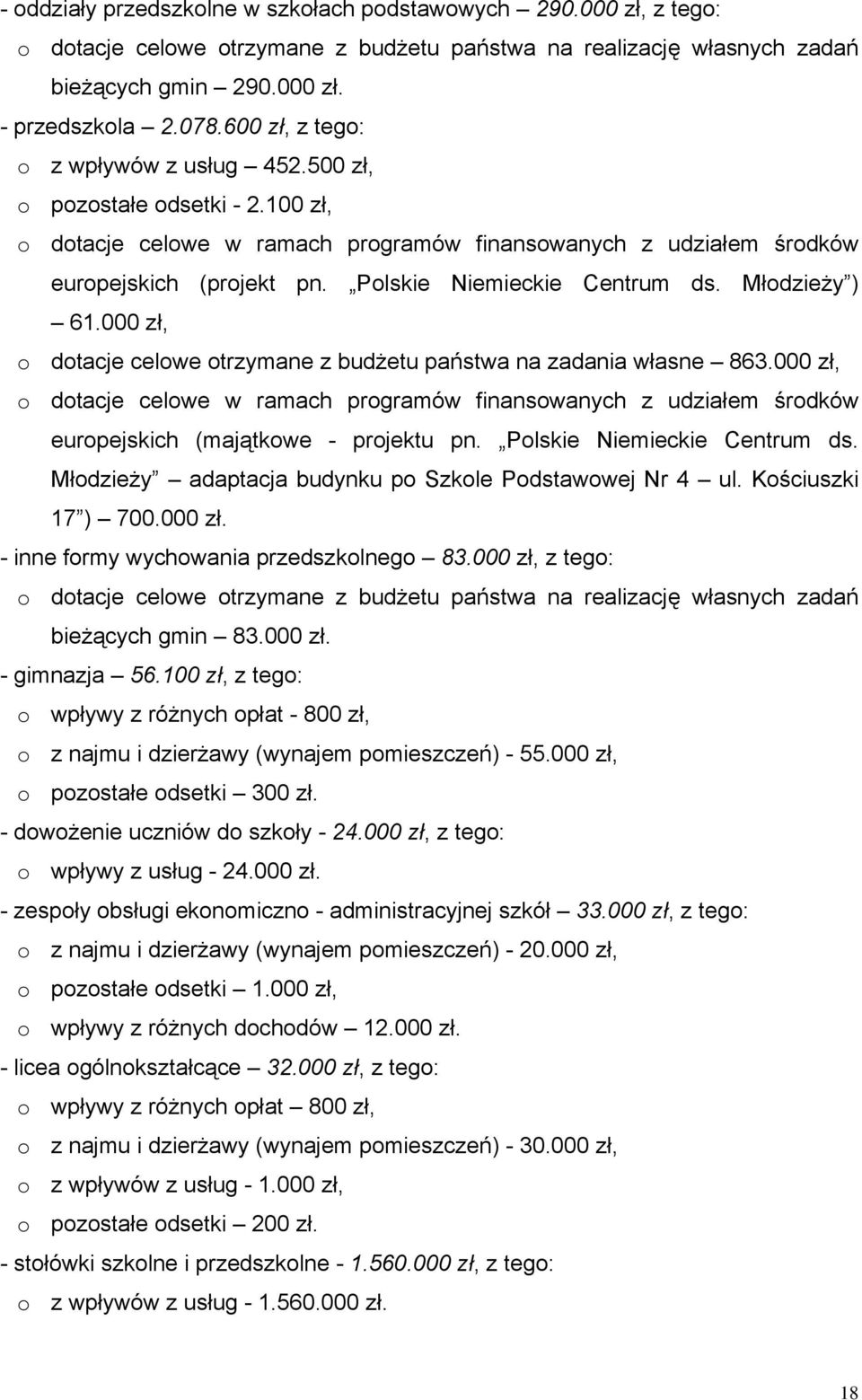 Polskie Niemieckie Centrum ds. Młodzieży ) 61.000 zł, o dotacje celowe otrzymane z budżetu państwa na zadania własne 863.