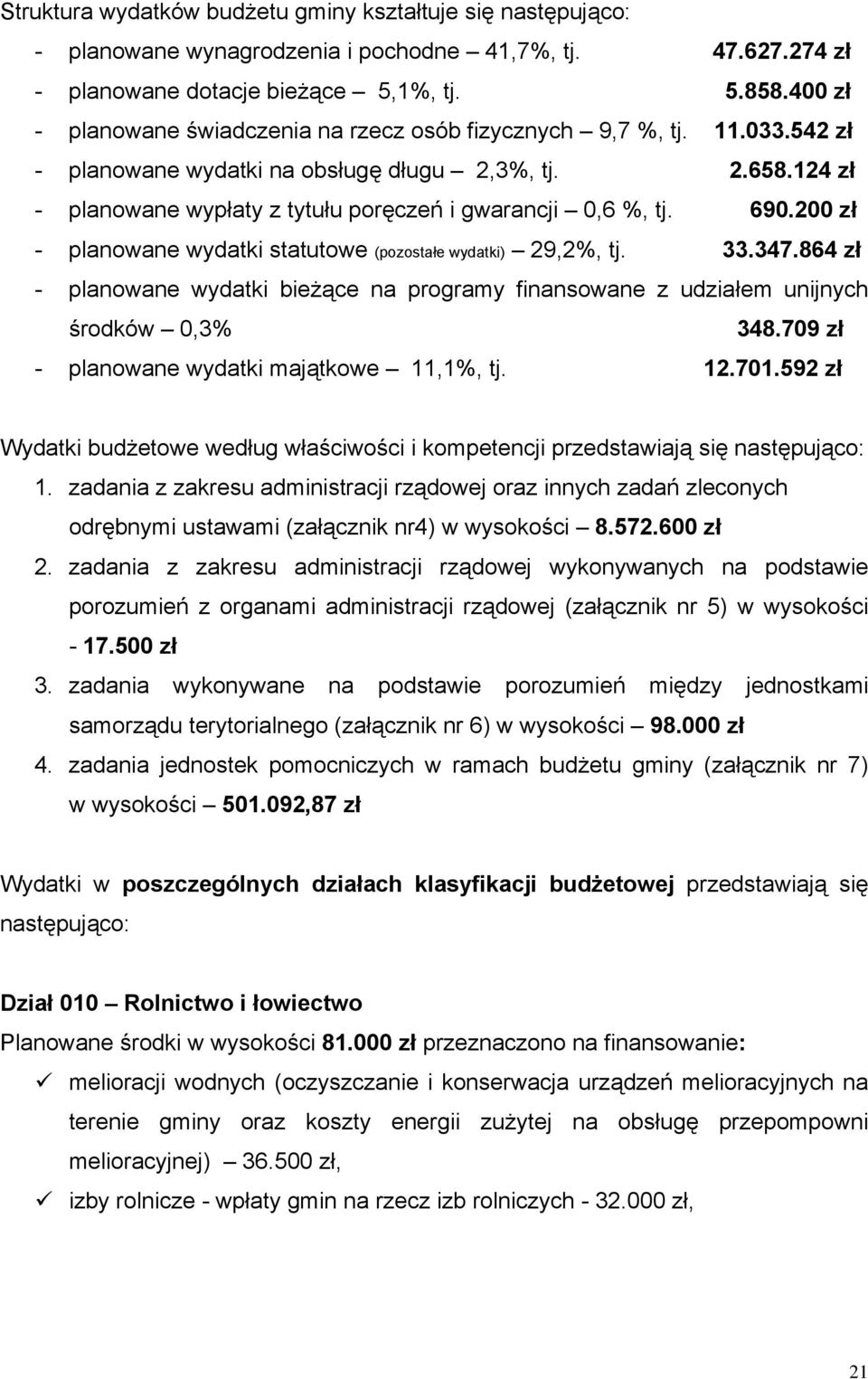 124 zł - planowane wypłaty z tytułu poręczeń i gwarancji 0,6 %, tj. 690.200 zł - planowane wydatki statutowe (pozostałe wydatki) 29,2%, tj. 33.347.