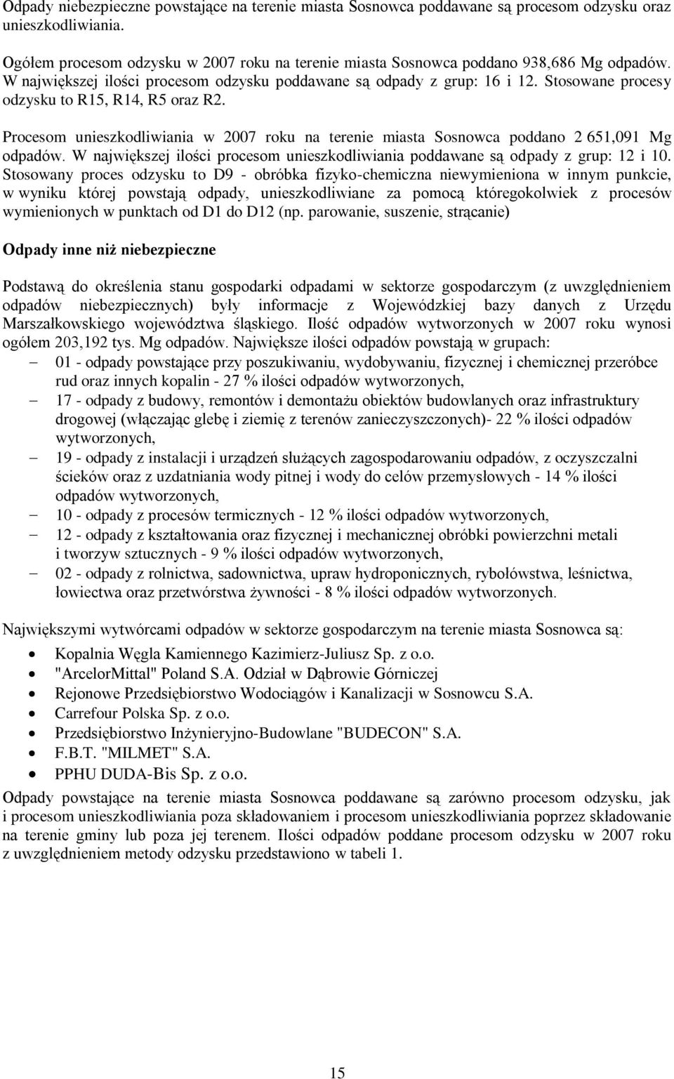 Stosowane procesy odzysku to R15, R14, R5 oraz R2. Procesom unieszkodliwiania w 2007 roku na terenie miasta Sosnowca poddano 2 651,091 Mg odpadów.