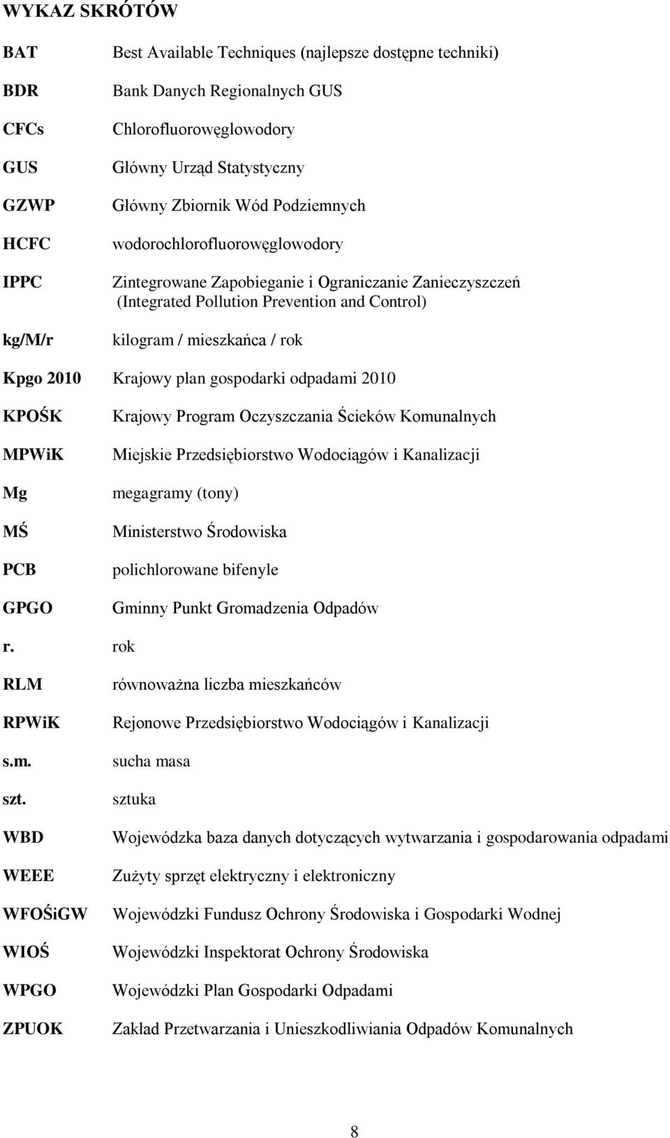 Krajowy plan gospodarki odpadami 2010 KPOŚK MPWiK Mg MŚ PCB GPGO Krajowy Program Oczyszczania Ścieków Komunalnych Miejskie Przedsiębiorstwo Wodociągów i Kanalizacji megagramy (tony) Ministerstwo