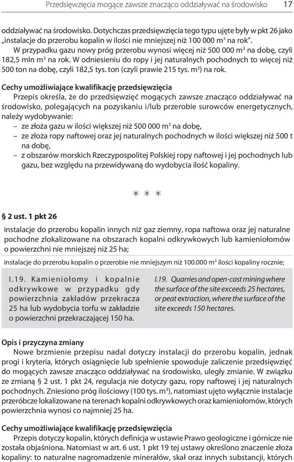 W przypadku gazu nowy próg przerobu wynosi więcej niż 500 000 m 3 na dobę, czyli 182,5 mln m 3 na rok.