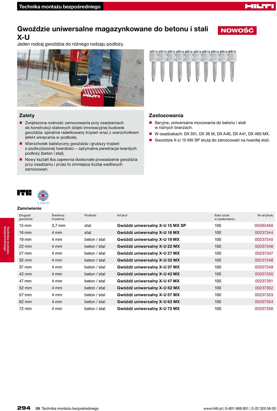 Wierzchołek balistyczny gwoździa i grubszy trzpień o podwyższonej twardości optymalna penetracja twardych podłoży (beton i stal).