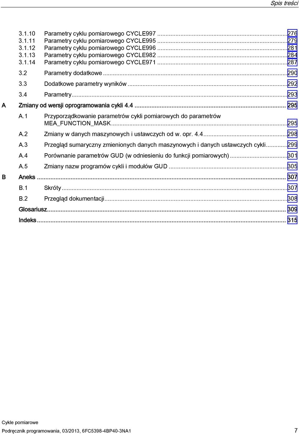 1 Przyporządkowanie parametrów cykli pomiarowych do parametrów MEA_FUNCTION_MASK...295 A.2 Zmiany w danych maszynowych i ustawczych od w. opr. 4.4...298 A.