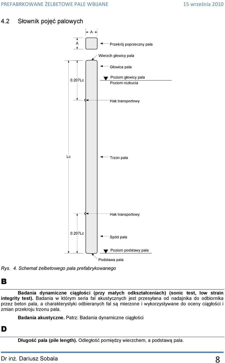 Schemat żelbetowego pala prefabrykowanego B Badania dynamiczne ciągłości (przy małych odkształceniach) (sonic test, low strain integrity test).