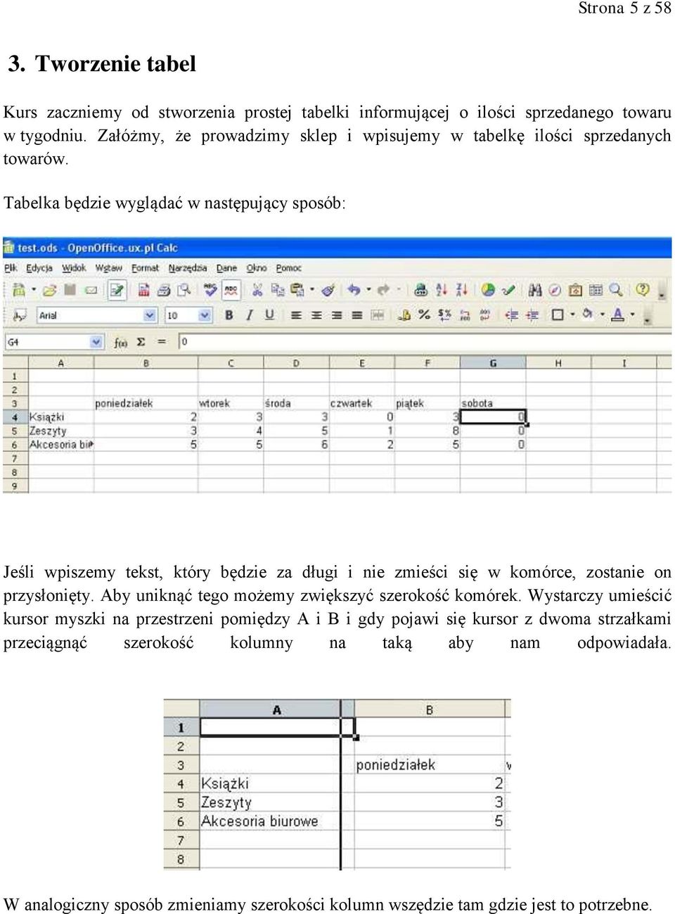 Tabelka będzie wyglądać w następujący sposób: Jeśli wpiszemy tekst, który będzie za długi i nie zmieści się w komórce, zostanie on przysłonięty.