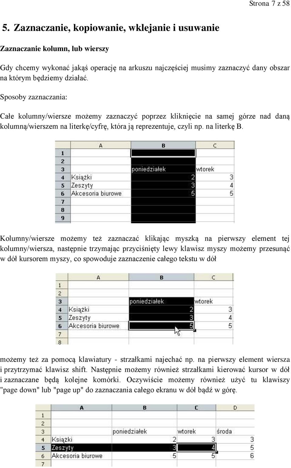 Sposoby zaznaczania: Całe kolumny/wiersze możemy zaznaczyć poprzez kliknięcie na samej górze nad daną kolumną/wierszem na literkę/cyfrę, która ją reprezentuje, czyli np. na literkę B.