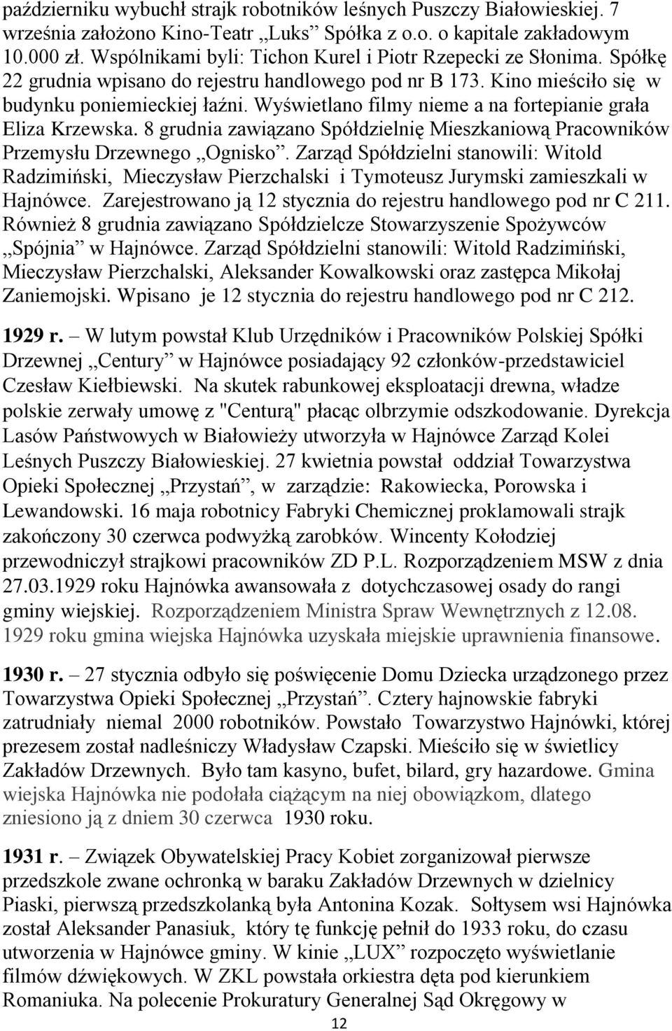 Wyświetlano filmy nieme a na fortepianie grała Eliza Krzewska. 8 grudnia zawiązano Spółdzielnię Mieszkaniową Pracowników Przemysłu Drzewnego Ognisko.