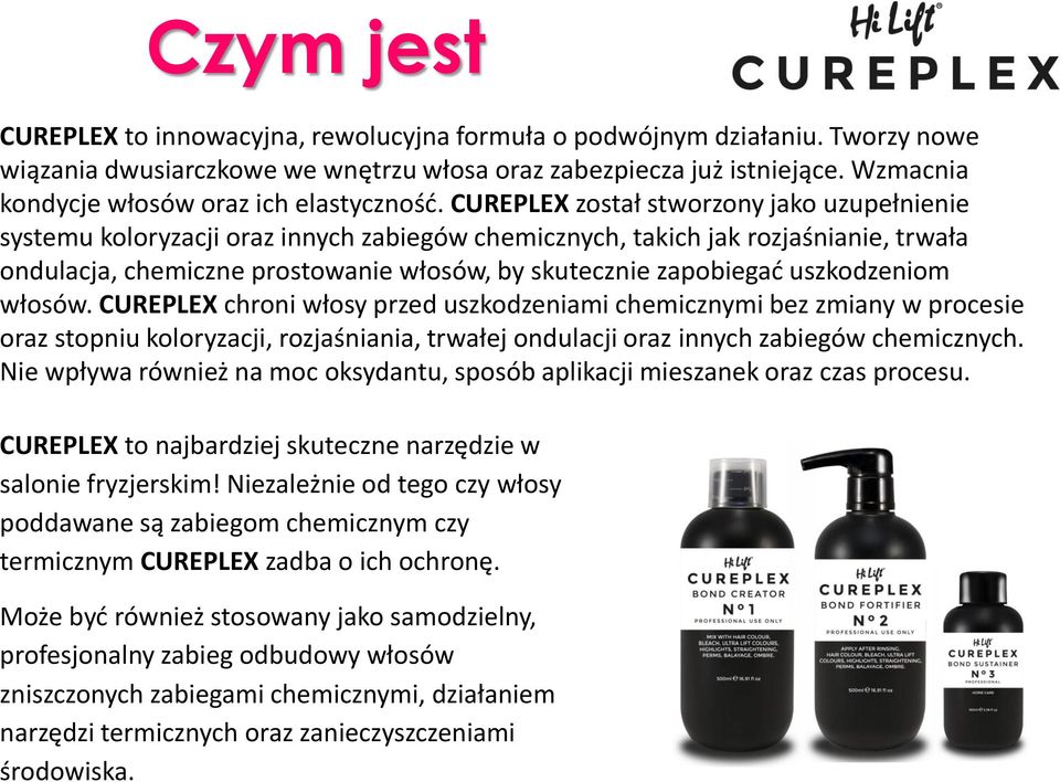 CUREPLEX został stworzony jako uzupełnienie systemu koloryzacji oraz innych zabiegów chemicznych, takich jak rozjaśnianie, trwała ondulacja, chemiczne prostowanie włosów, by skutecznie zapobiegać