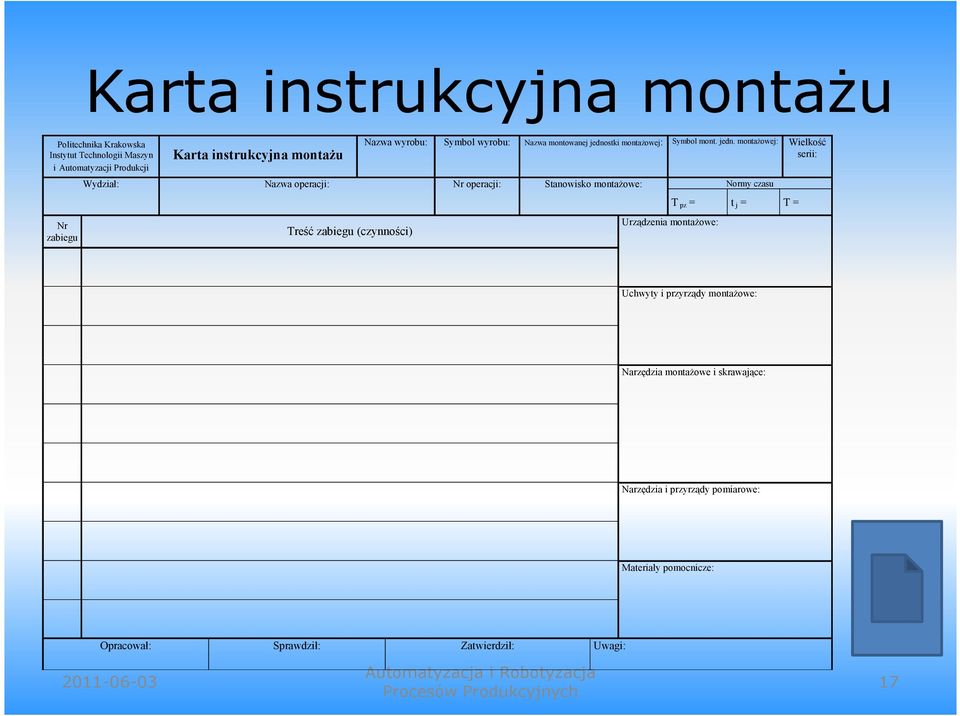 stki montażowej: Symbol mont. jedn.