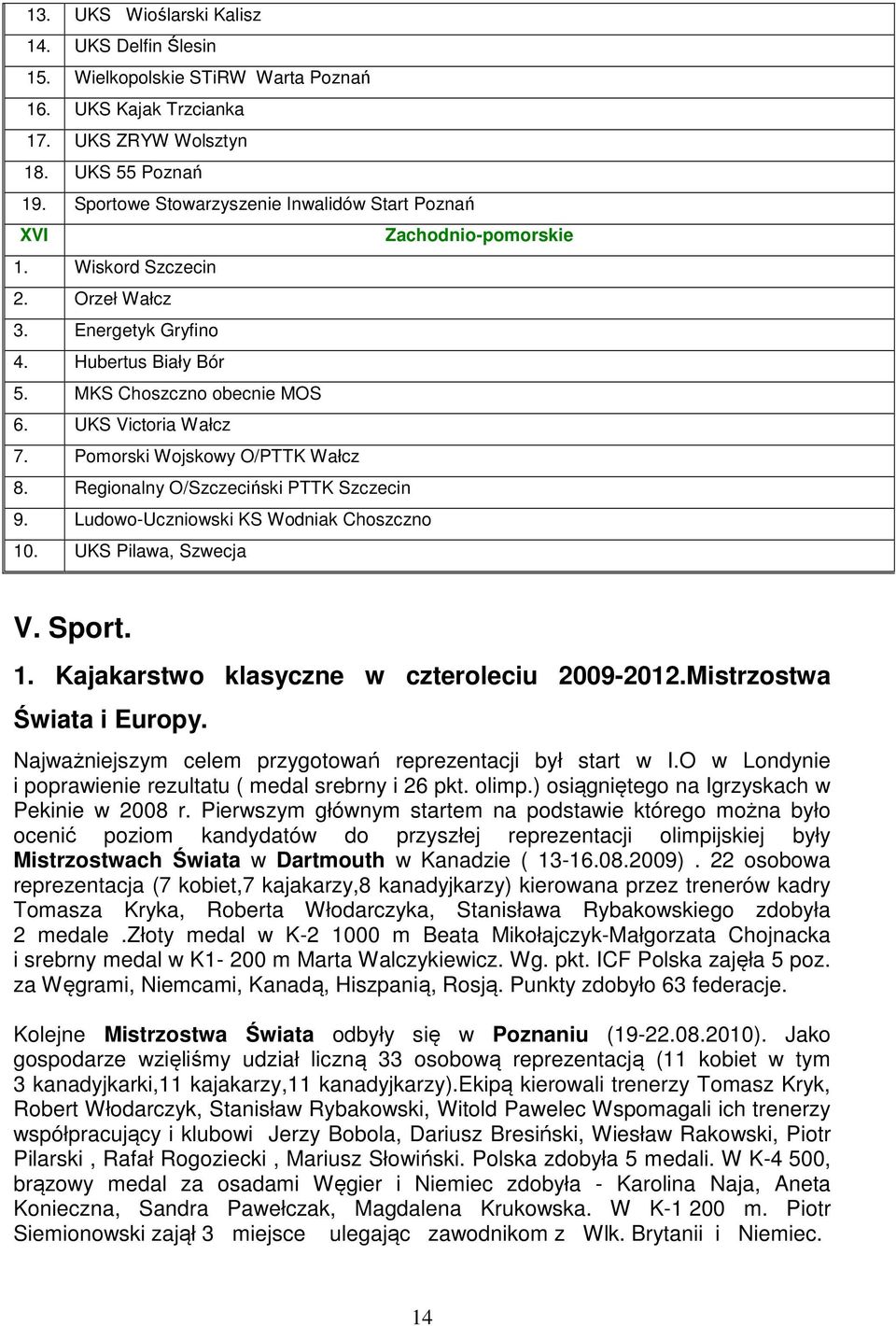 UKS Victoria Wałcz 7. Pomorski Wojskowy O/PTTK Wałcz 8. Regionalny O/Szczeciński PTTK Szczecin 9. Ludowo-Uczniowski KS Wodniak Choszczno 10. UKS Pilawa, Szwecja V. Sport. 1. Kajakarstwo klasyczne w czteroleciu 2009-2012.