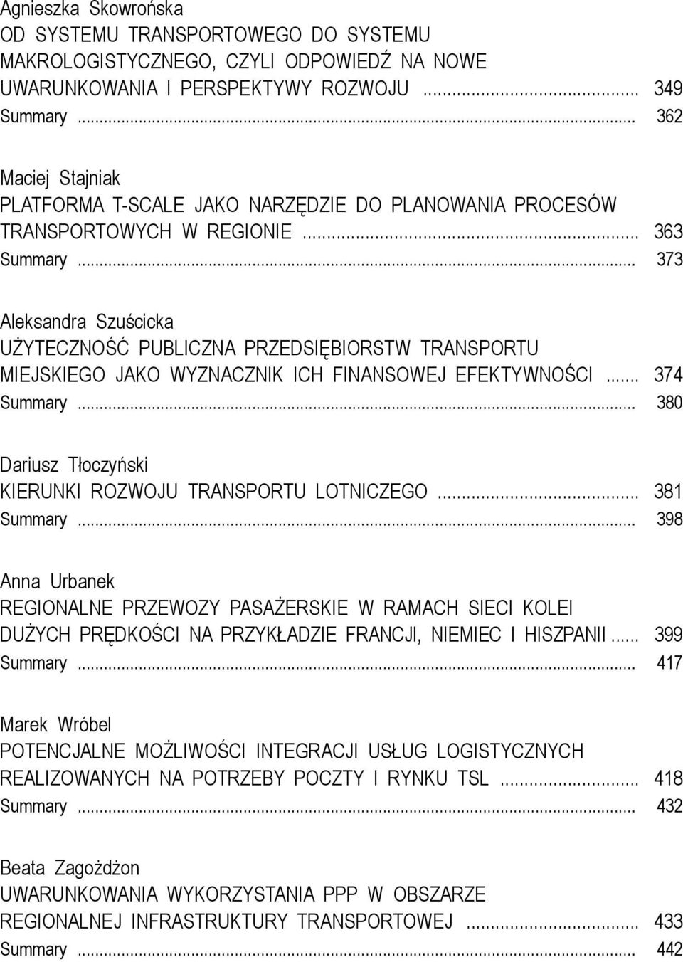 .. 373 Aleksandra Szuścicka UŻYTECZNOŚĆ PUBLICZNA PRZEDSIĘBIORSTW TRANSPORTU MIEJSKIEGO JAKO WYZNACZNIK ICH FINANSOWEJ EFEKTYWNOŚCI... 374 Summary.