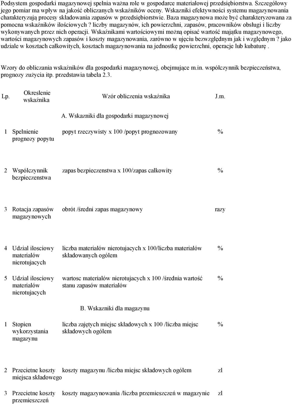 liczby magazynów, ich powierzchni, zapasów, pracowników obsługi i liczby wykonywanych przez nich operacji.