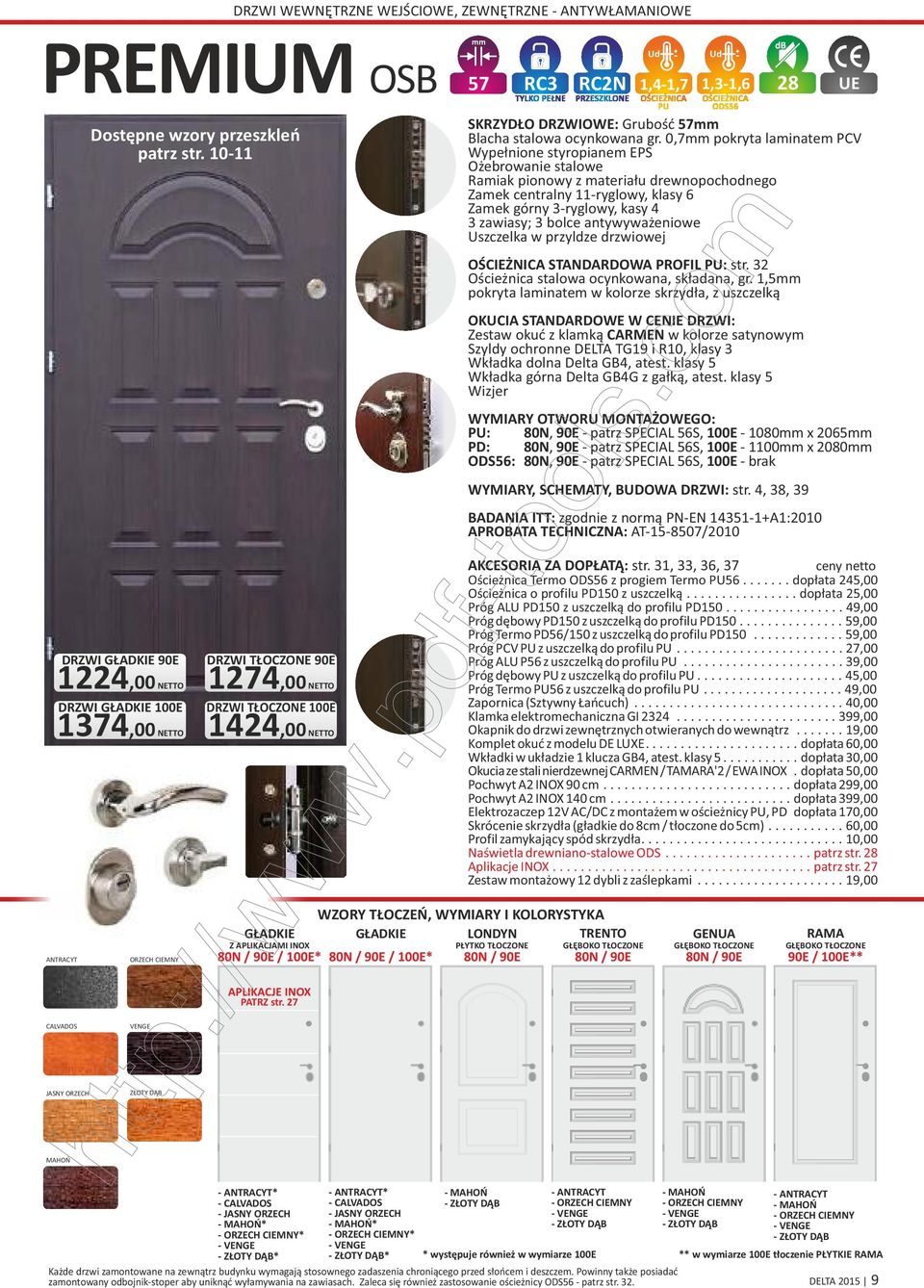 0,7 pokryta laminatem PCV Wypełnione styropianem EPS Ożebrowanie stalowe Ramiak pionowy z materiału drewnopochodnego Zamek centralny 11ryglowy, Zamek górny 3ryglowy, kasy 4 3 zawiasy; 3 bolce