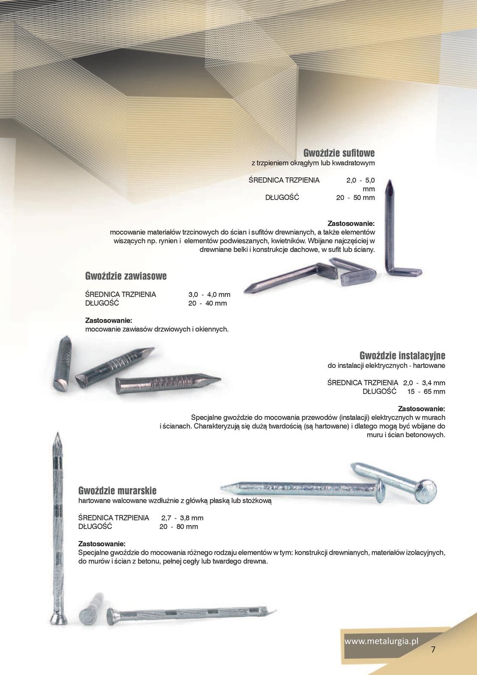 Gwoździe zawiasowe 3,0-4,0 mm 20-40 mm mocowanie zawiasów drzwiowych i okiennych.