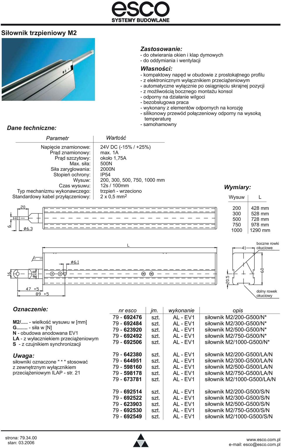 1A około 1,75A 500N 2000N IP54 200, 300, 500, 750, 1000 mm 12s / 100mm trzpień - wrzeciono 2 x 0,5 mm 2 - do otwierania okien i klap dymowych - do oddymiania i wentylacji - kompaktowy napęd w