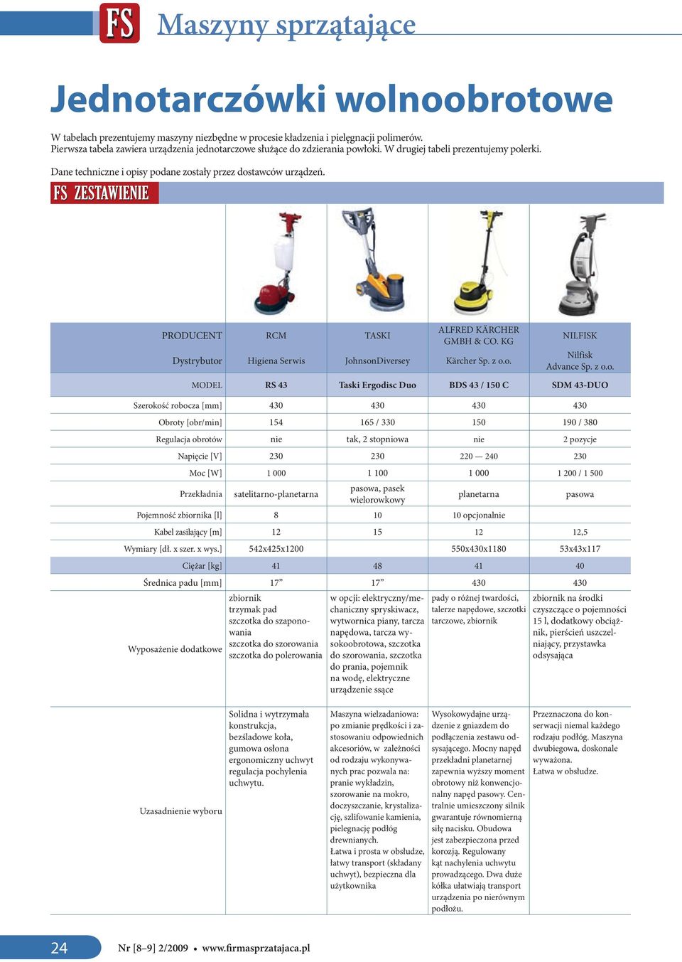 noobrotowe ZESTAWIENIE PRODUCENT RCM TASKI ALFRED KÄRCHER GMBH & CO. KG Dystrybutor Higiena Serwis JohnsonDiversey Kärcher Sp. z o.o. NILFISK Nilfisk Advance Sp. z o.o. MODEL RS 43 Taski Ergodisc Duo