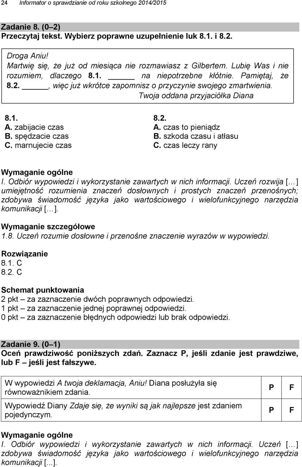 , więc już wkrótce zapomnisz o przyczynie swojego zmartwienia. Twoja oddana przyjaciółka Diana 8.1. 8.2. A. zabijacie czas A. czas to pieniądz B. spędzacie czas B. szkoda czasu i atłasu C.