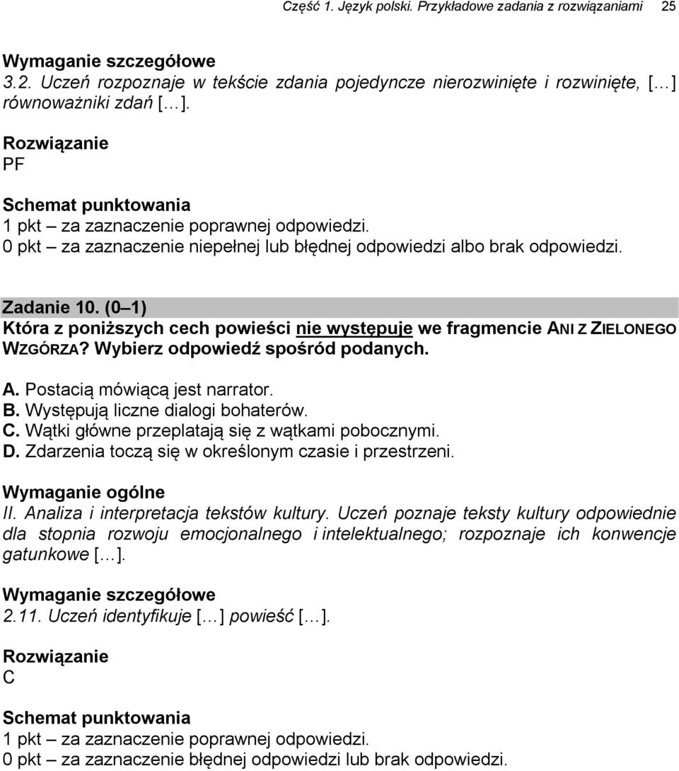 (0 1) Która z poniższych cech powieści nie występuje we fragmencie ANI Z ZIELONEGO WZGÓRZA? Wybierz odpowiedź spośród podanych. A. Postacią mówiącą jest narrator. B.