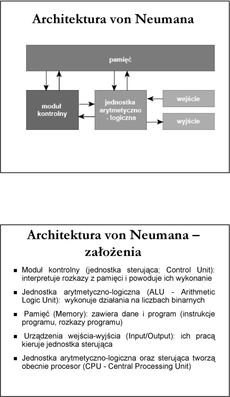 binarnych Pamięć (Memory): zawiera dane i program (instrukcje programu, rozkazy programu) Urządzenia wejścia-wyjścia (Input/Output):