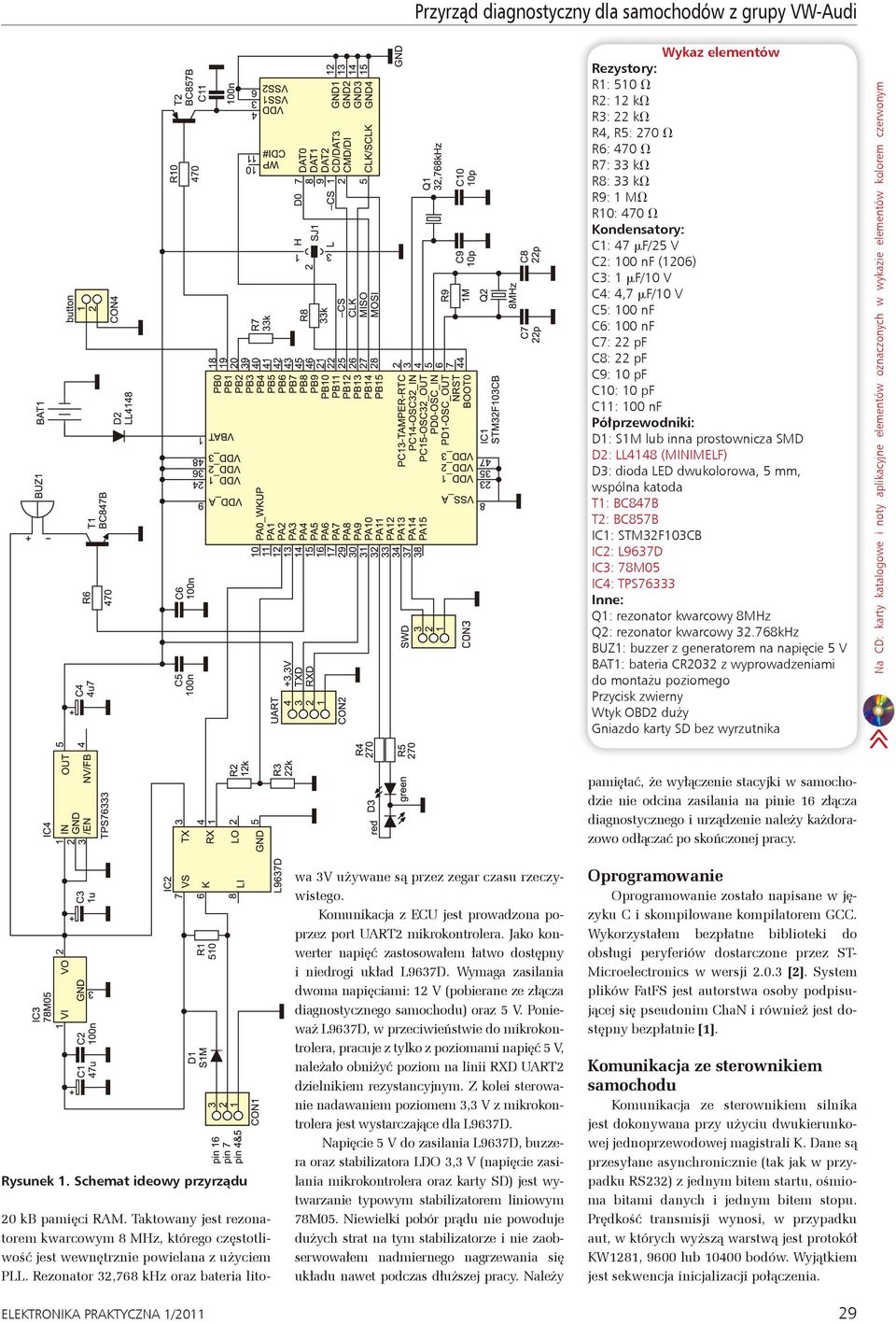 (MINIMELF) D3: dioda LED dwukolorowa, 5 mm, wspólna katoda T1: BC847B T2: BC857B IC1: STM32F103CB IC2: L9637D IC3: 78M05 IC4: TPS76333 Inne: Q1: rezonator kwarcowy 8MHz Q2: rezonator kwarcowy 32.