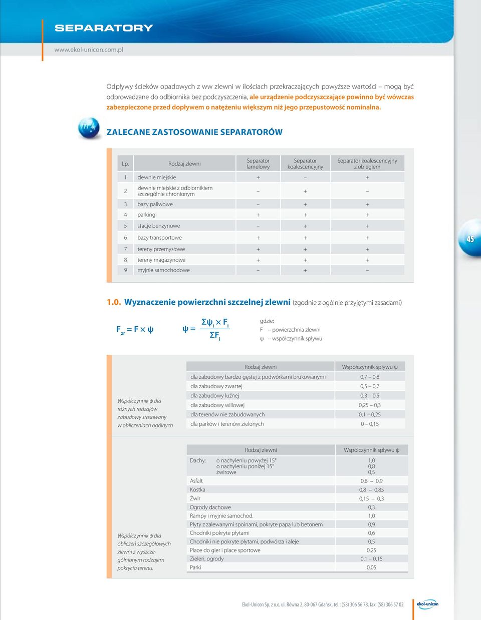 Rodzaj zlewni Separator lamelowy Separator koalescencyjny Separator koalescencyjny z obiegiem 1 zlewnie miejskie + + 2 zlewnie miejskie z odbiornikiem szczególnie chronionym + 3 bazy paliwowe + + 4