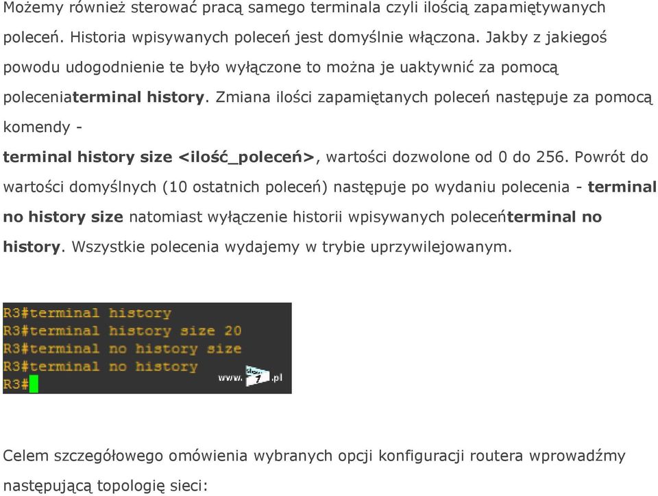 Zmiana ilości zapamiętanych poleceń następuje za pomocą komendy - terminal history size <ilość_poleceń>, wartości dozwolone od 0 do 256.