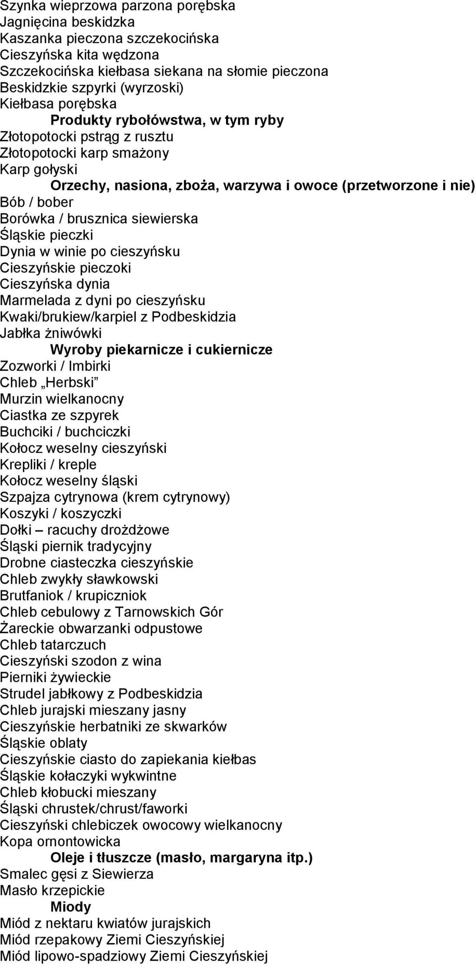 Cieszyńskie pieczoki Cieszyńska dynia Marmelada z dyni po cieszyńsku Kwaki/brukiew/karpiel z Podbeskidzia Jabłka żniwówki Zozworki / Imbirki Chleb Herbski Murzin wielkanocny Ciastka ze szpyrek