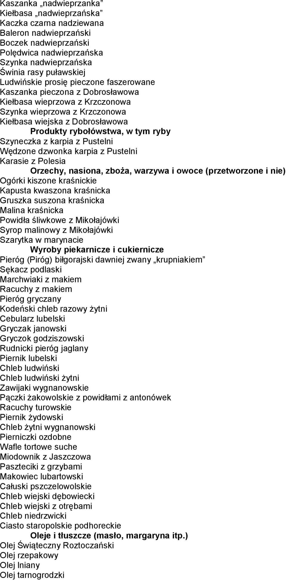 karpia z Pustelni Wędzone dzwonka karpia z Pustelni Karasie z Polesia Ogórki kiszone kraśnickie Kapusta kwaszona kraśnicka Gruszka suszona kraśnicka Malina kraśnicka Powidła śliwkowe z Mikołajówki