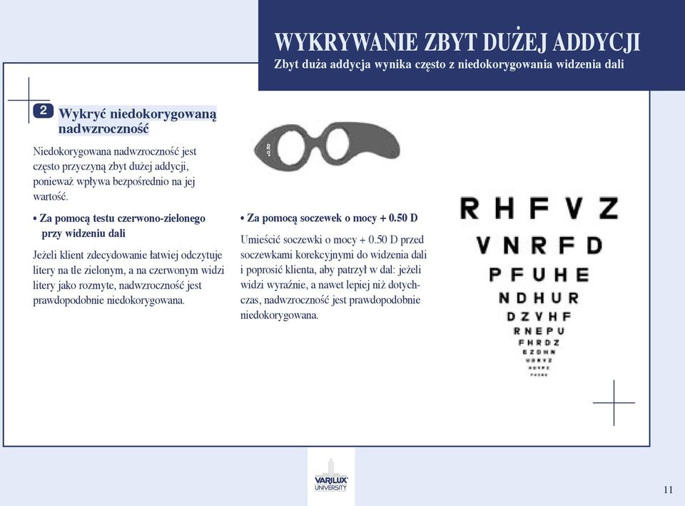 Za pomocą testu czerwono-zielonego przy widzeniu dali Jeżeli klient zdecydowanie łatwiej odczytuje litery na tle zielonym, a na czerwonym widzi litery jako rozmyte, nadwzroczność