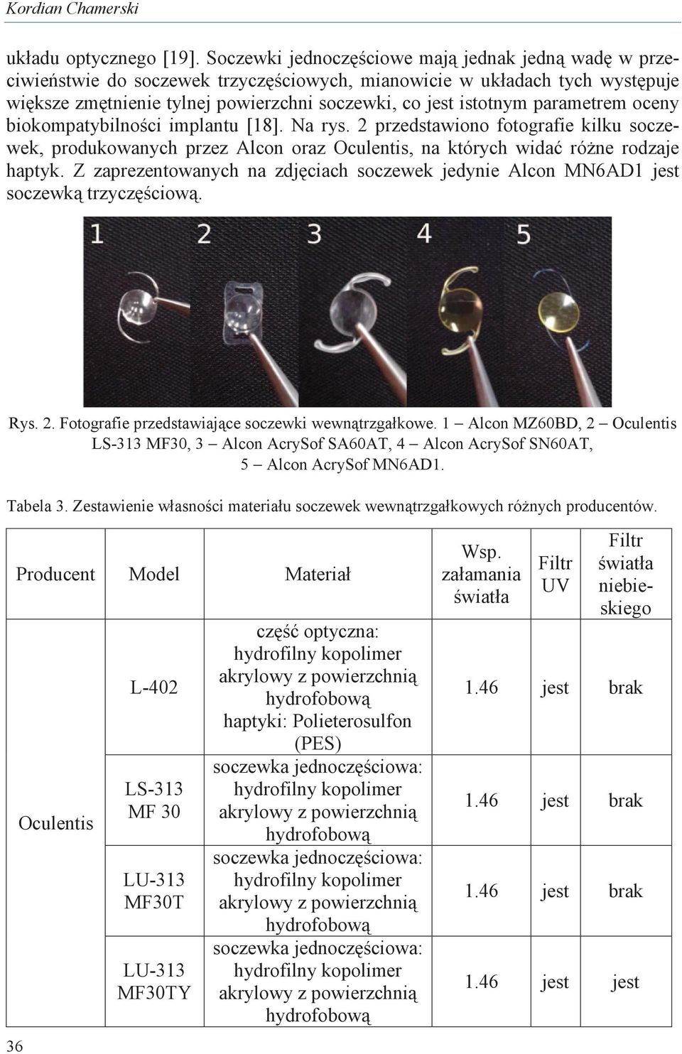 oceny biokompatybilnoci implantu [18]. Na rys. 2 przedstawiono fotografie kilku soczewek, produkowanych przez Alcon oraz Oculentis, na których wida róne rodzaje haptyk.