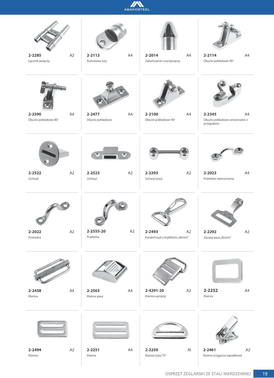 Przelotka wzmocniona 2-2022 Przelotka 2-2555-20 Przelotka 2-2493 Karabińczyk z krętlikiem Bimini 2-2292 Zaczep pasa Bimini 2-2458 A4 Klamra 2-2563 A4 Klamra pasa
