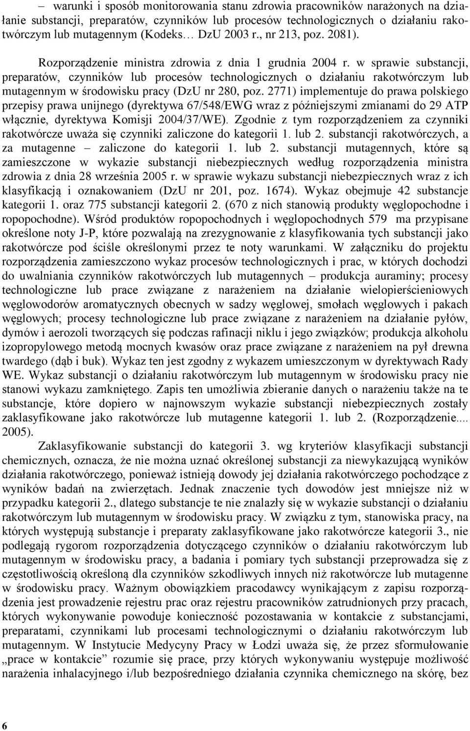 w sprawie substancji, preparatów, czynników lub procesów technologicznych o działaniu rakotwórczym lub mutagennym w środowisku pracy (DzU nr 280, poz.