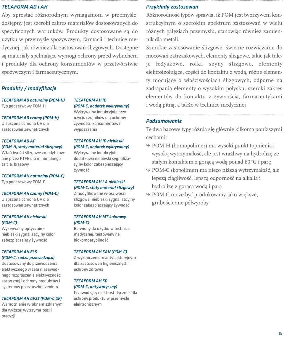 Dostępne są materiały spełniające wymogi ochrony przed wybuchem i produkty dla ochrony konsumentów w przetwórstwie spożywczym i farmaceutycznym.