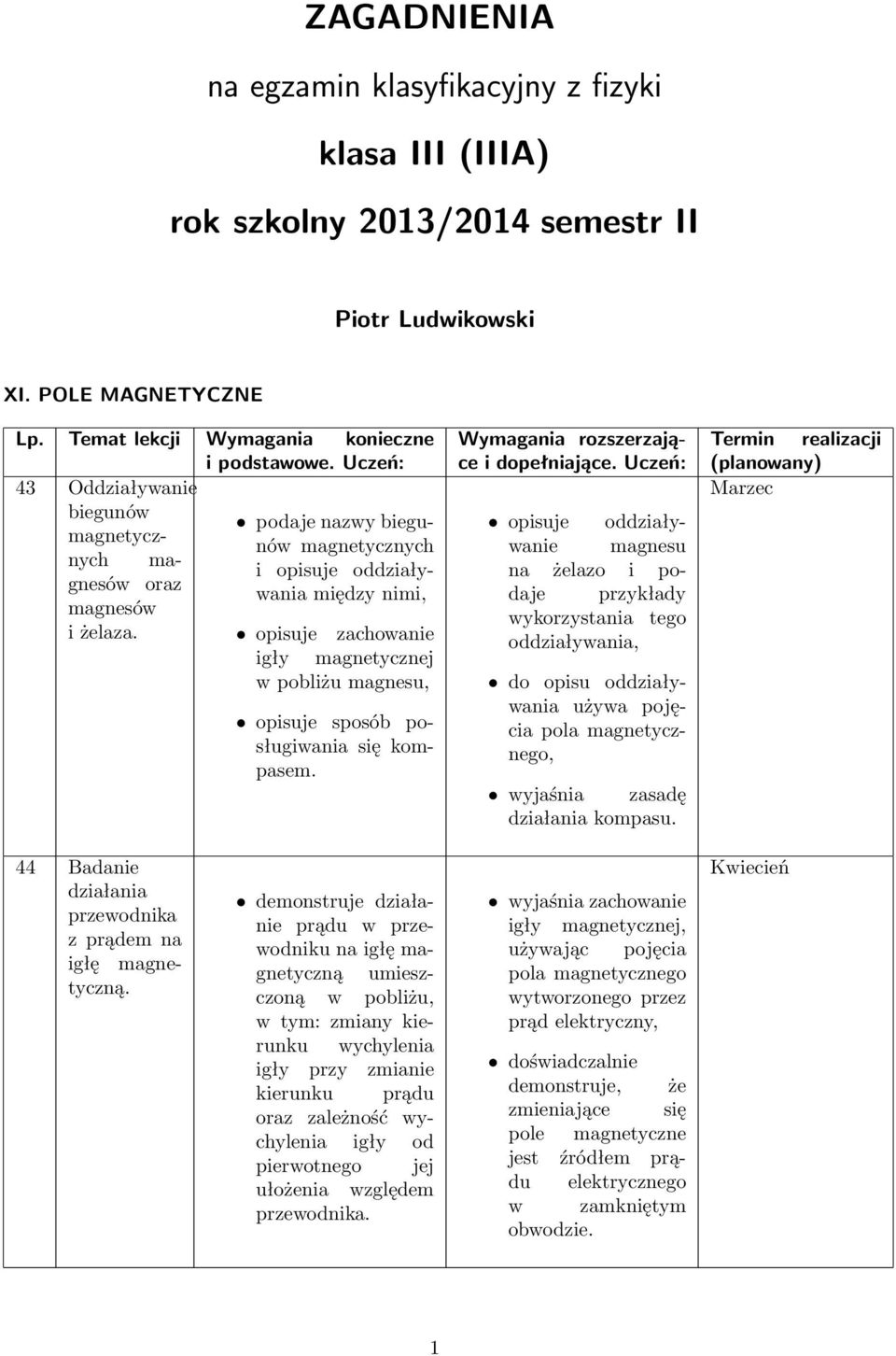 ma- oraz podaje nazwy biegunów magnetycznych i opisuje oddziaływania między nimi, opisuje zachowanie igły magnetycznej w pobliżu magnesu, Wymagania rozszerzające i dopełniające.