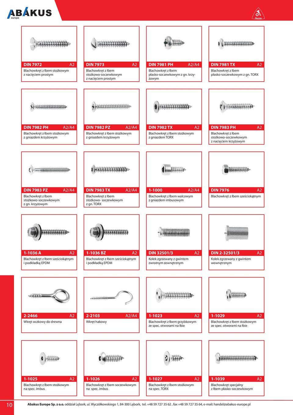 TORX DIN 7982 PH Blachowkręt z łbem stożkowym z gniazdem krzyżowym DIN 7982 PZ Blachowkręt z łbem stożkowym z gniazdem krzyżowym DIN 7982 TX Blachowkręt z łbem stożkowym z gniazdem TORX DIN 7983 PH