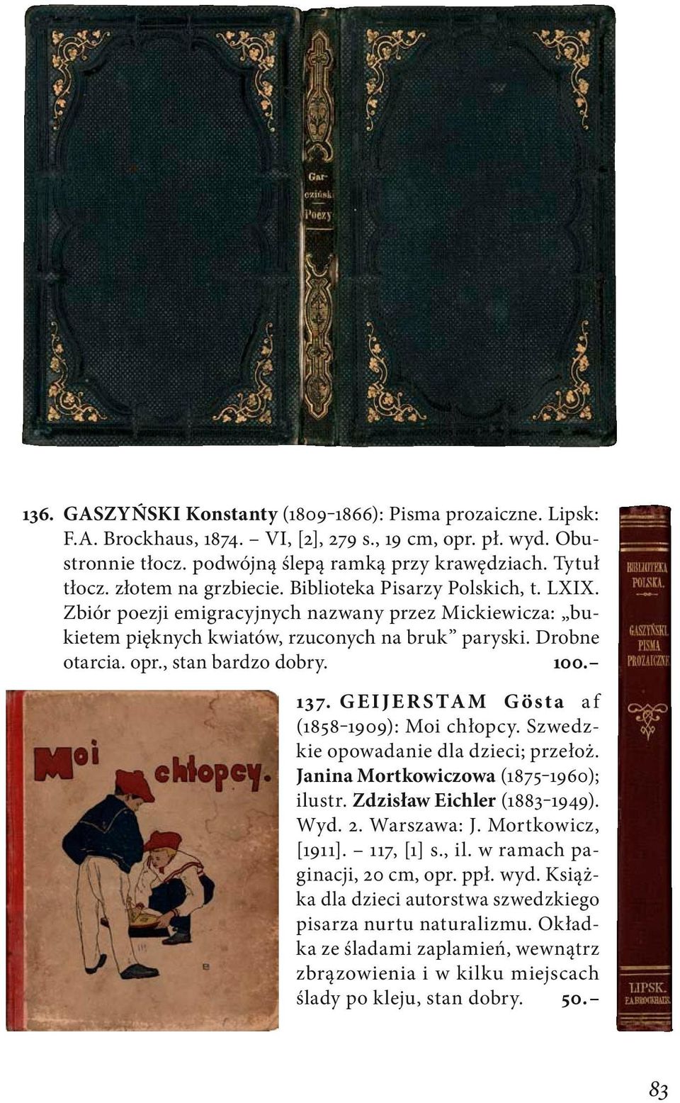 , stan bardzo dobry. 100. 137. GEIJERSTAM Gösta a f (1858 1909): Moi chłopcy. Szwedzkie opowadanie dla dzieci; przełoż. Janina Mortkowiczowa (1875 1960); ilustr. Zdzisław Eichler (1883 1949). Wyd. 2.