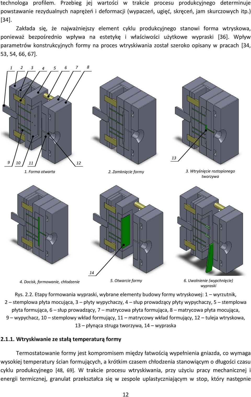 Wpływ parametrów konstrukcyjnych formy na proces wtryskiwania został szeroko opisany w pracach [34, 53, 54, 66, 67]. 1 2 3 4 5 6 7 8 9 10 11 12 1. Forma otwarta 2. Zamknięcie formy 3.