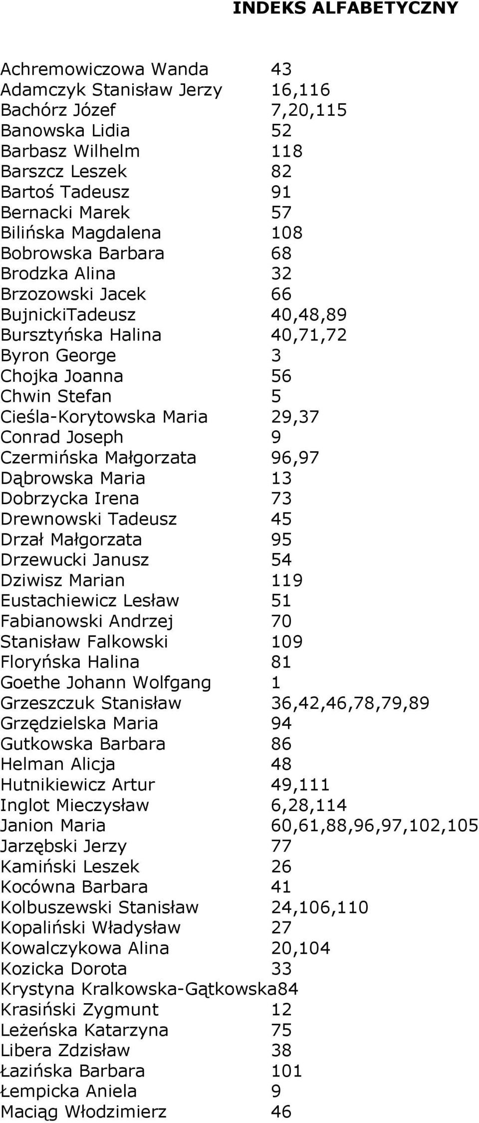 29,37 Conrad Joseph 9 Czermińska Małgorzata 96,97 Dąbrowska Maria 13 Dobrzycka Irena 73 Drewnowski Tadeusz 45 Drzał Małgorzata 95 Drzewucki Janusz 54 Dziwisz Marian 119 Eustachiewicz Lesław 51