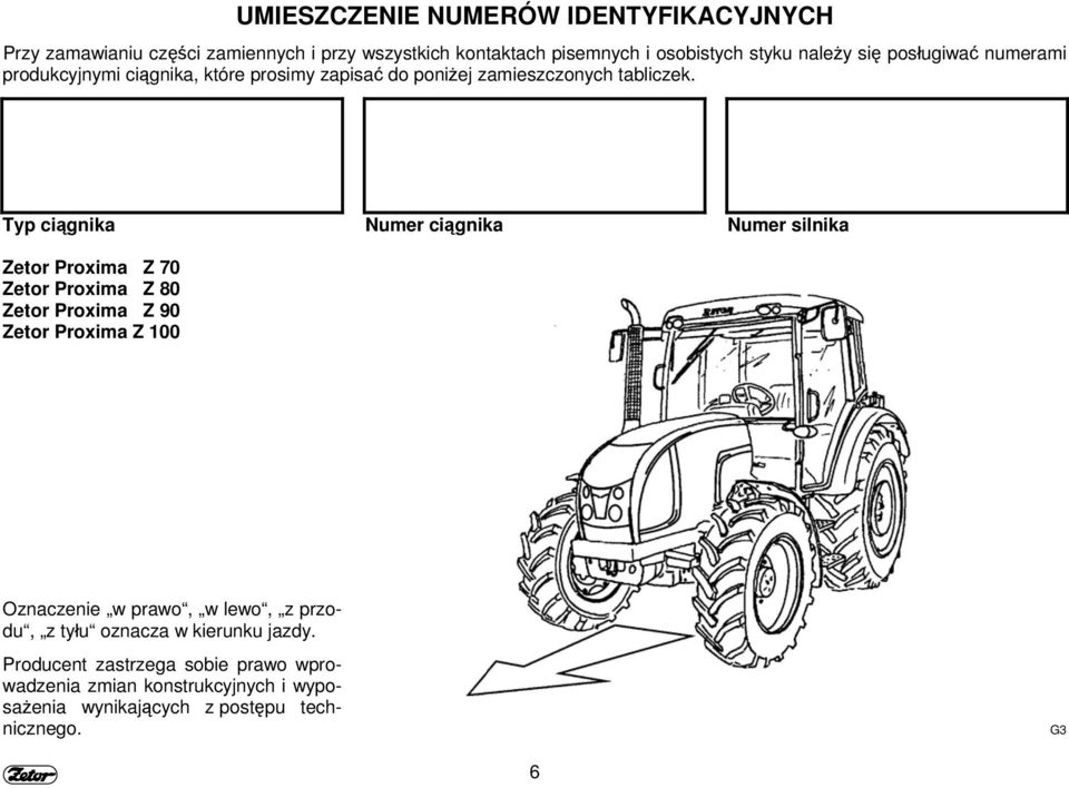 Typ ciągnika Zetor Proxima Z 70 Zetor Proxima Z 80 Zetor Proxima Z 90 Zetor Proxima Z 100 Numer ciągnika Numer silnika Oznaczenie w prawo,