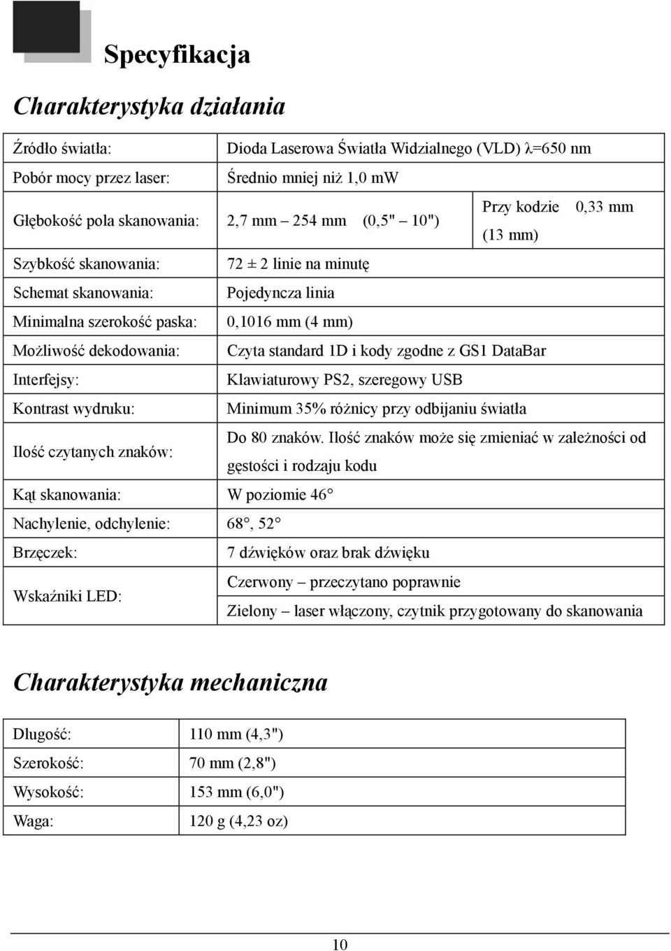 standard 1D i kody zgodne z GS1 DataBar Interfejsy: Klawiaturowy PS2, szeregowy USB Kontrast wydruku: Minimum 35% różnicy przy odbijaniu światła Ilość czytanych znaków: Do 80 znaków.